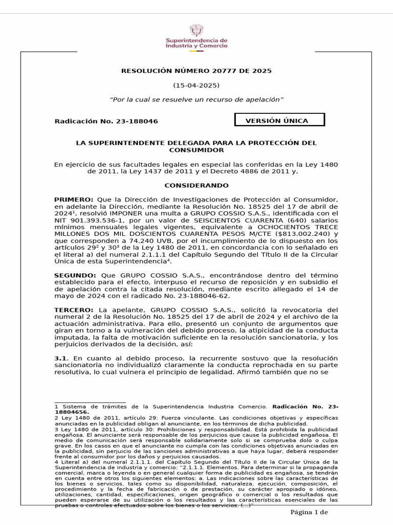 Cossio Resolución 20777 de 2025 | PDF | Publicidad | Los consumidores