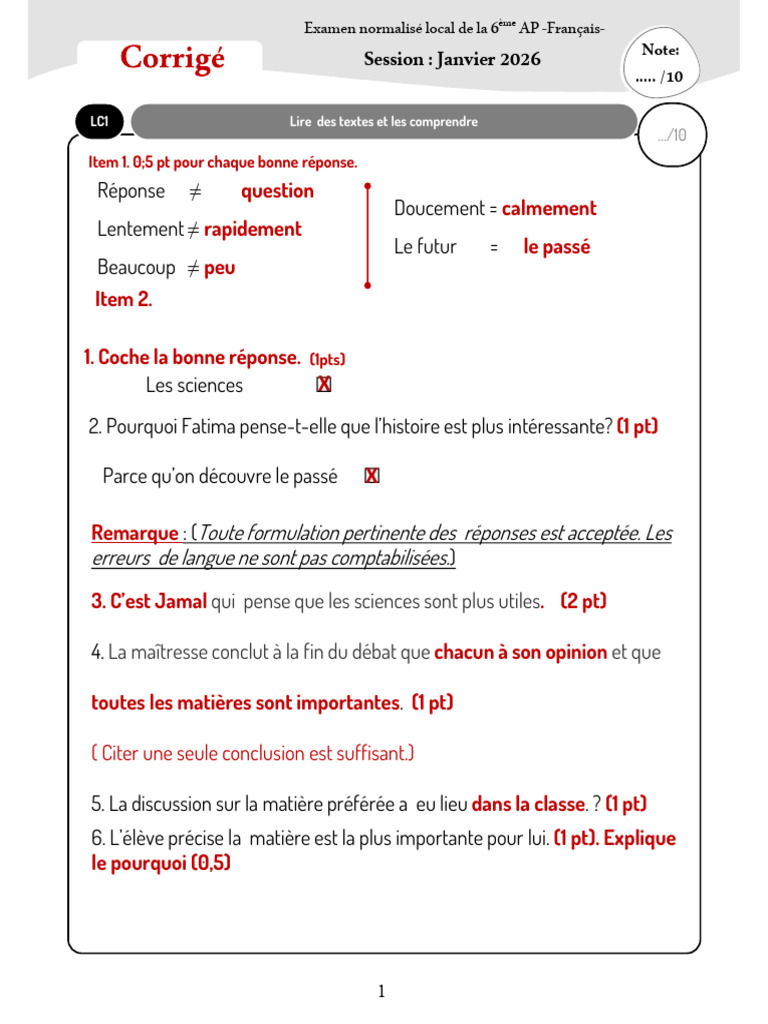 Corrigé - Normalisé 6AP - Français - Jan2026 | PDF