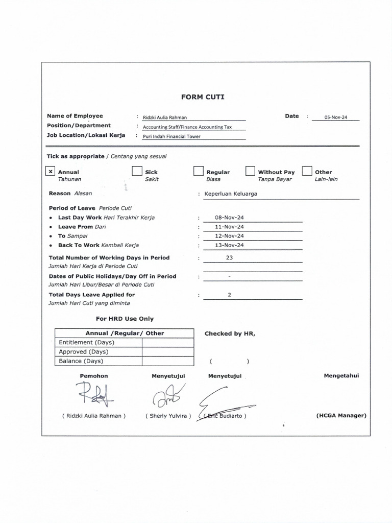 Form Cuti KPG - Ridzki Aulia Rahman . | PDF