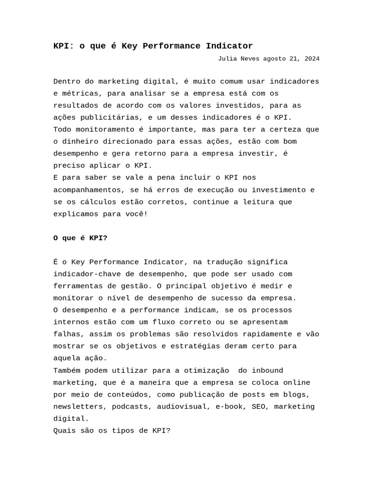 KPI o Que É Key Performance Indicator | PDF