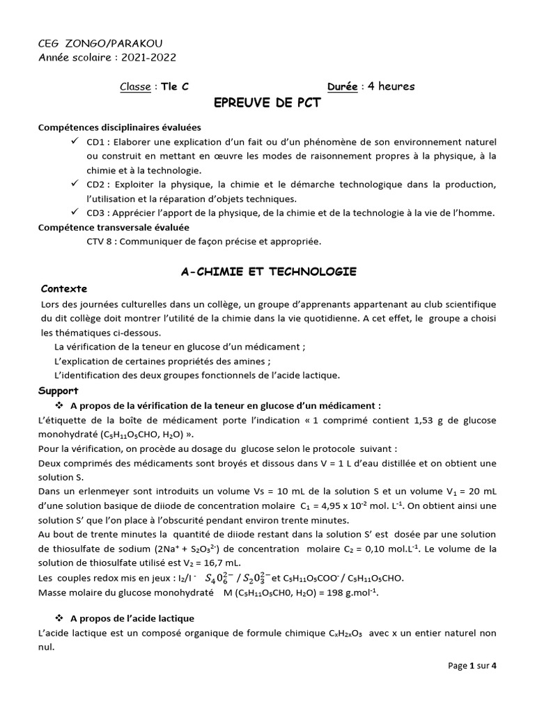 Epreuve de PCT: Tle C Durée | PDF | Acide | Résistance (électricité)