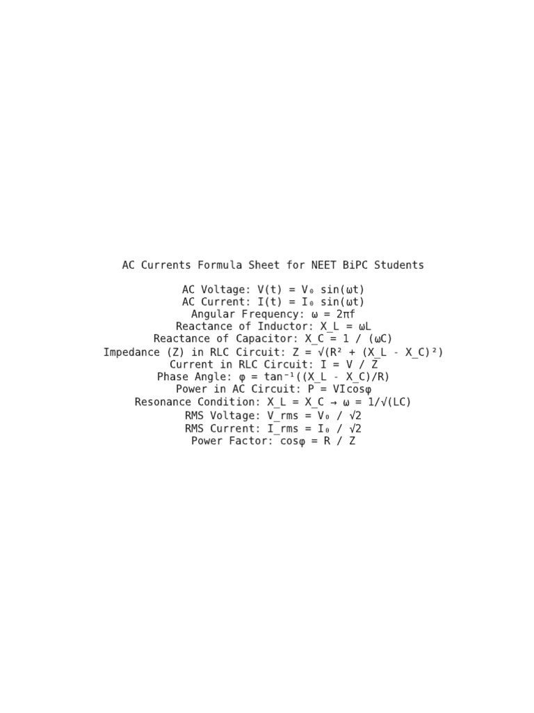 AC Currents Formula Sheet NEET BiPC Enhanced | PDF