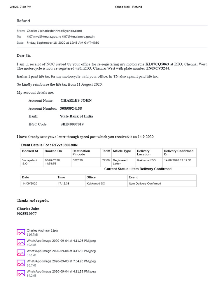 All Emails Sent To RTO Ernakulam | PDF