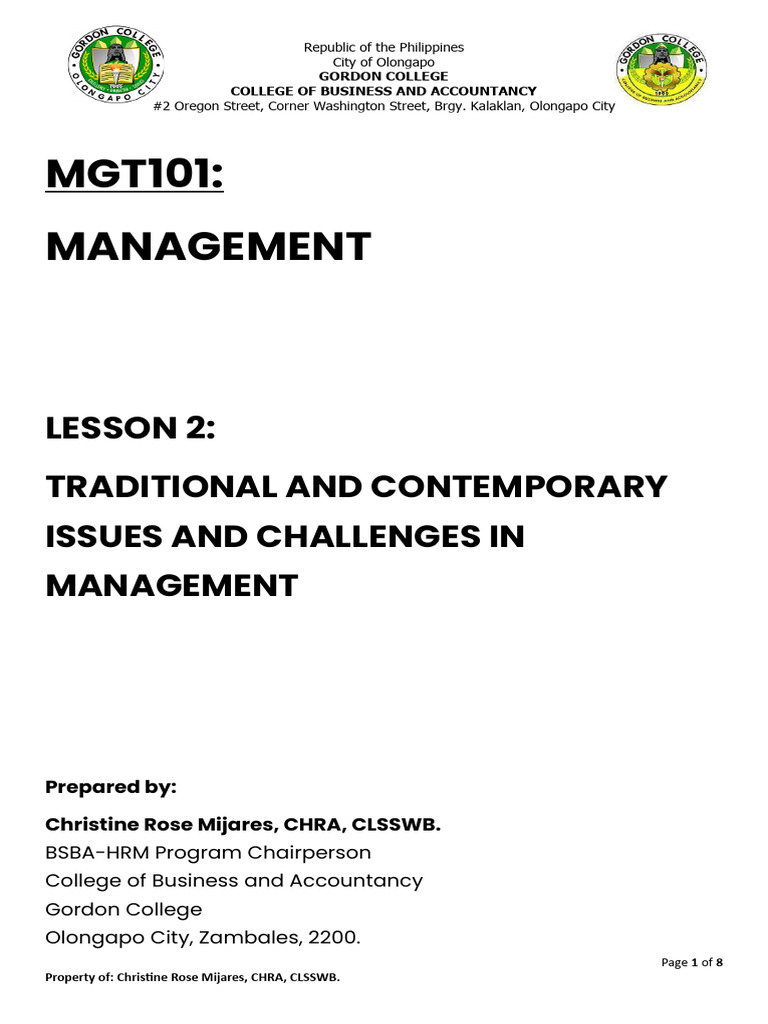 Module Mgt101 - Management - Lesson 2 - Traditional and Contemporary ...