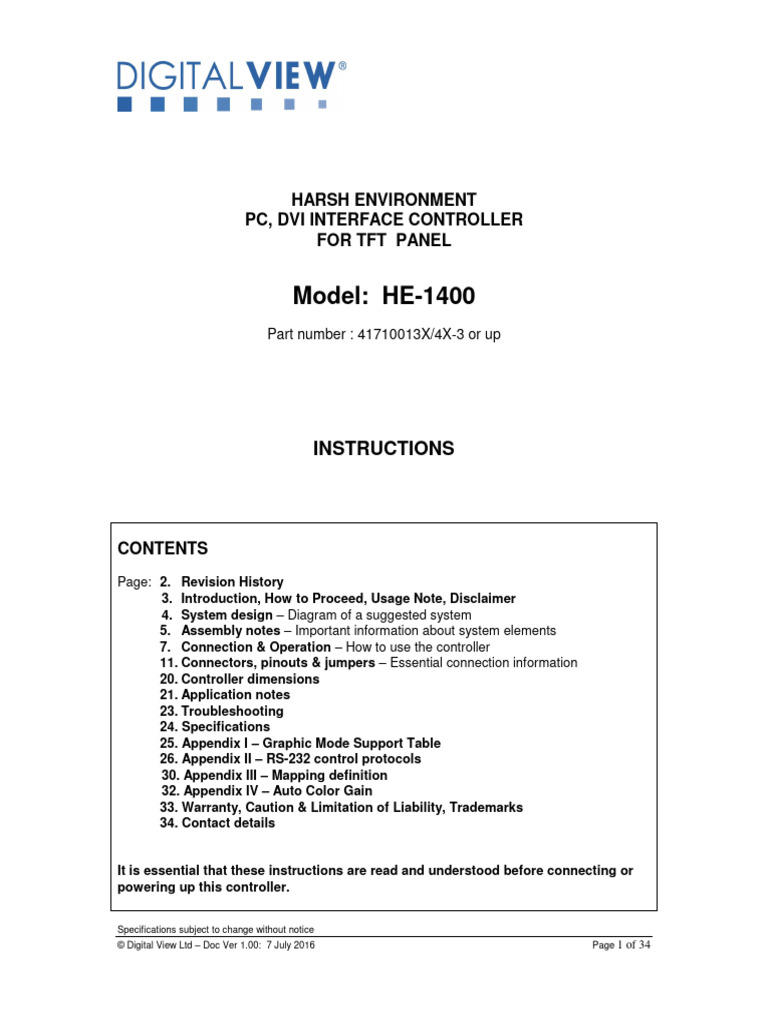 Digital View HE 1400 Manual | PDF | Power Supply | Display Resolution