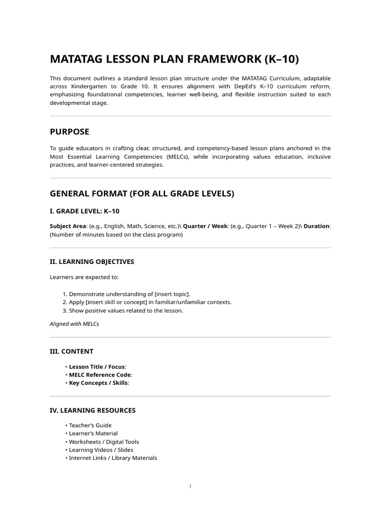 Matatag Curriculum Lesson Plan PDF | PDF | Lesson Plan | Learning