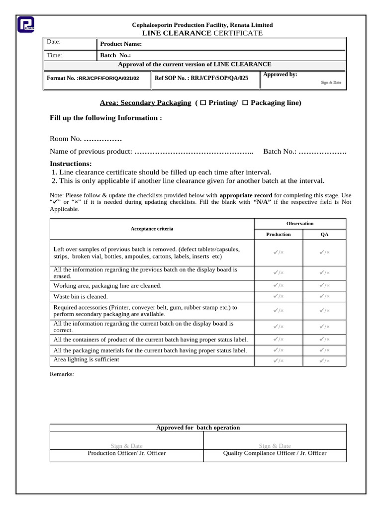 Line Clearance Certificate-final-V2 (Packaging) | PDF