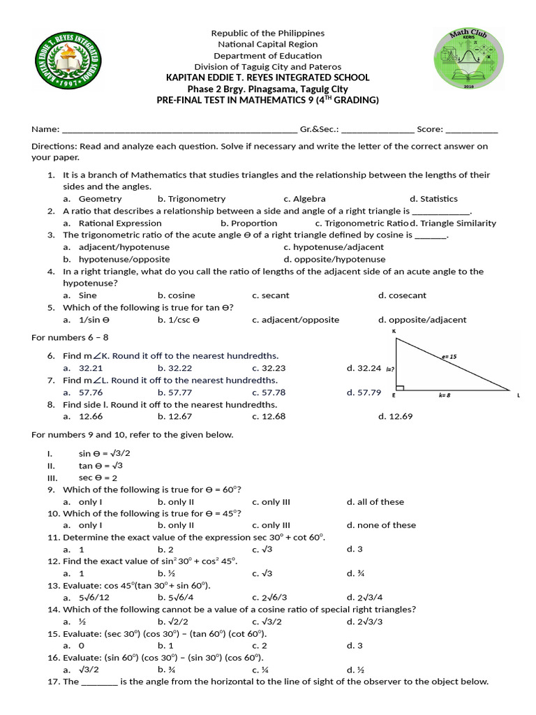 Pre Final Test 4TH Grading | PDF | Trigonometric Functions | Trigonometry