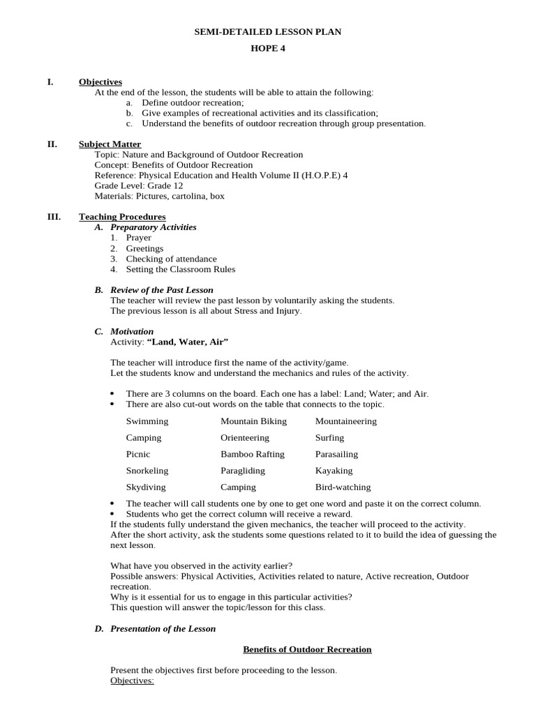 Semi-Detailed Lesson Plan Grade 12 | PDF | Recreation | Teachers