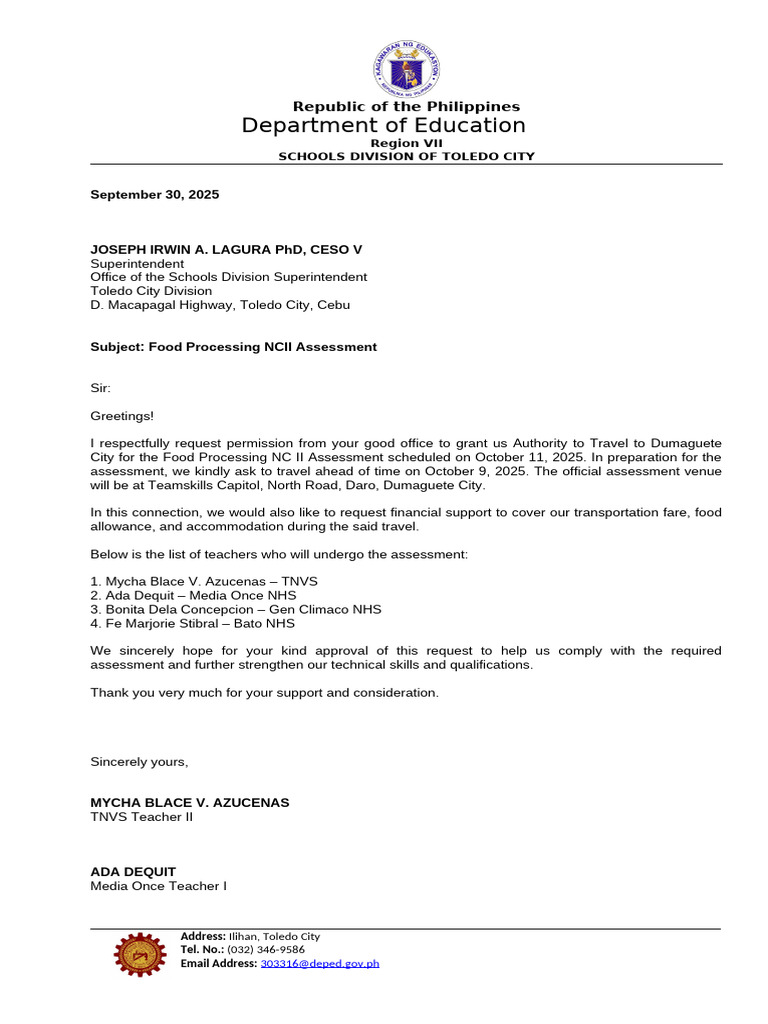 Letter of For Food Processing Assessment | PDF