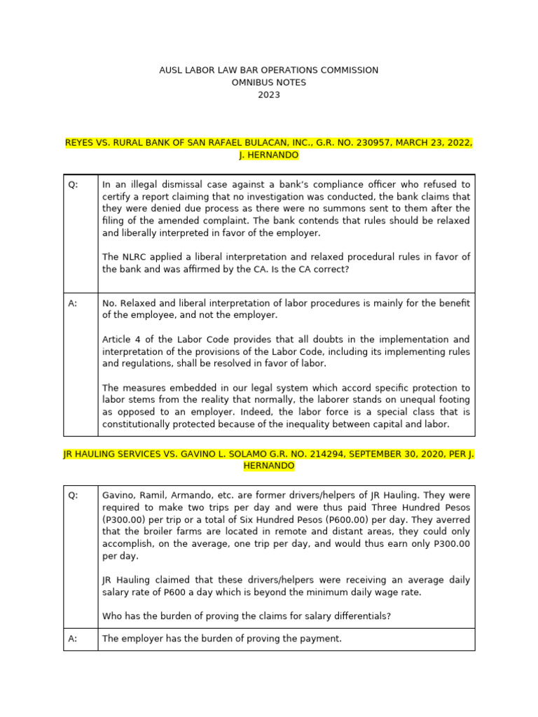 2023 Omnibus Notes in Labor Law | PDF | Sailor | Employment