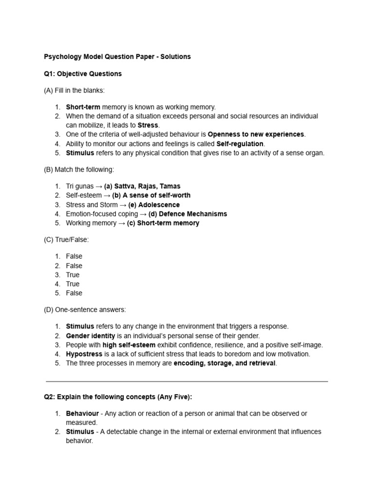 Psychology Set A Solution | PDF | Memory | Self Esteem