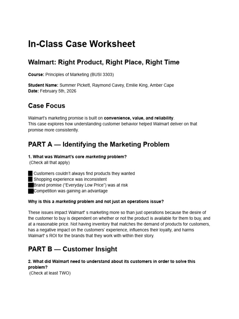 Group Project Wal-Mart In-Class Case Worksheet | PDF | Walmart | Marketing