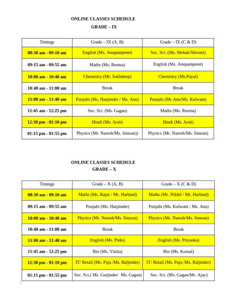 Online Classes Schedule Grade Ix and X | PDF