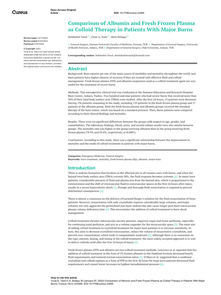 Comparison of Albumin and Fresh Frozen Plasma As C | PDF | Burn | Blood ...