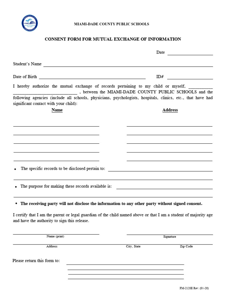 Consent Form For Mutual Exchange of Information: Miami-Dade County ...