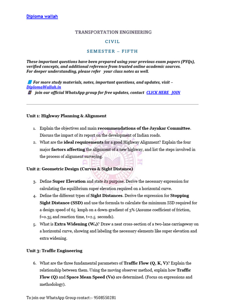Transportation Engg Imp Qs Diplomawallahdw DW | PDF