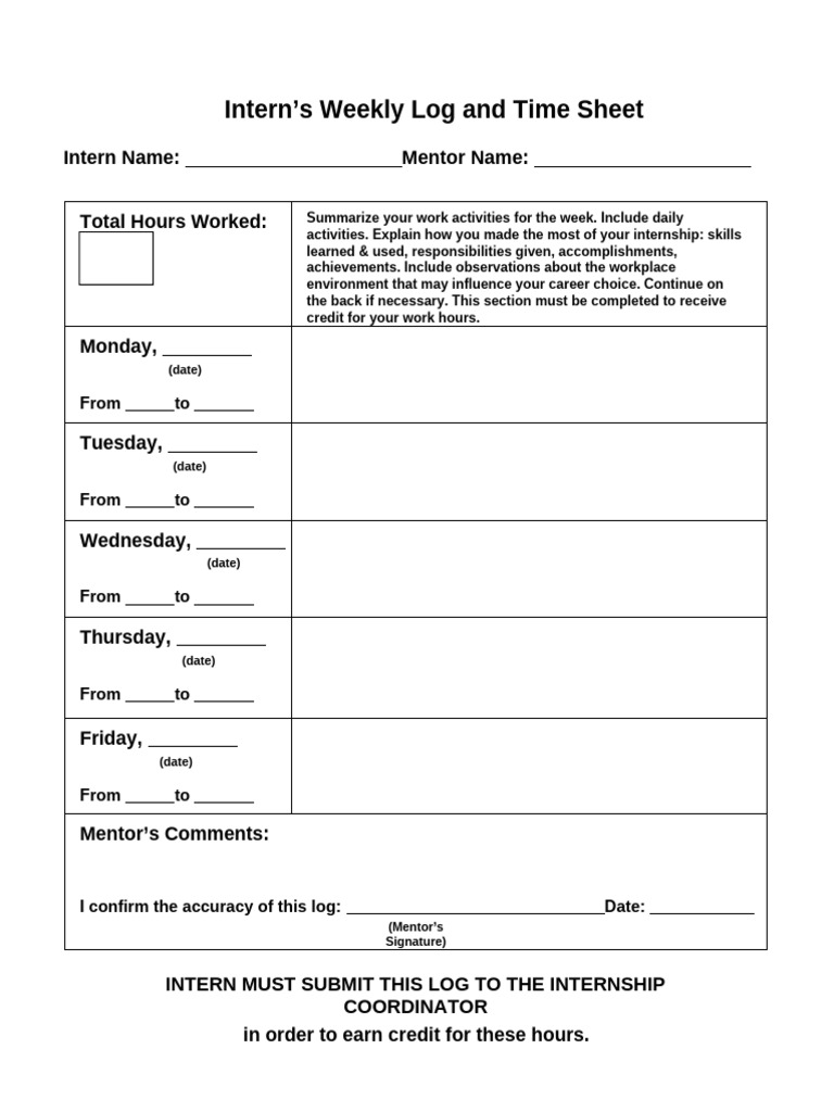 Weekly Internship Time Log Template | PDF