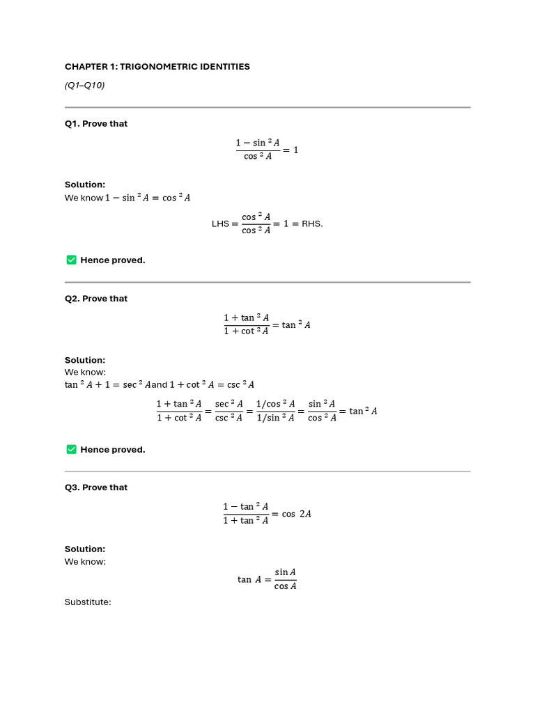 Trigonometry Qs Set 1 | PDF
