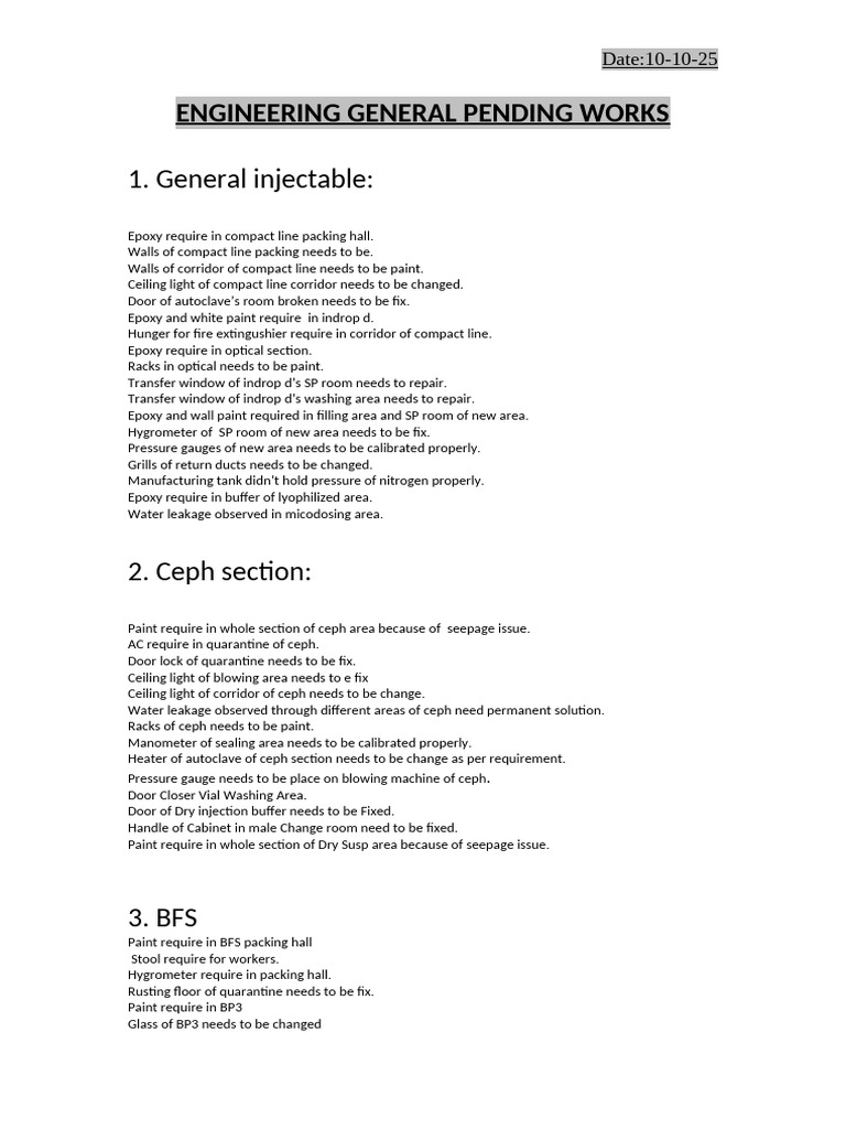 Engineering General Pending Work | PDF