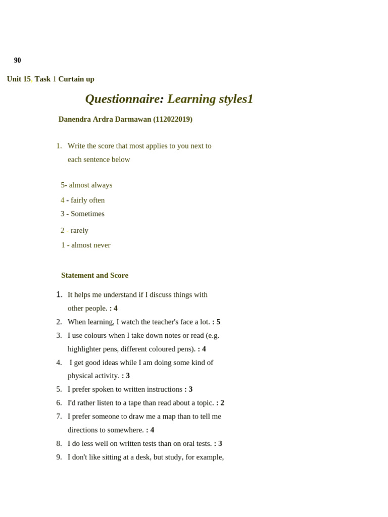 Learning Style - Questionnaire - Danendra Ardra Darmawan | PDF ...