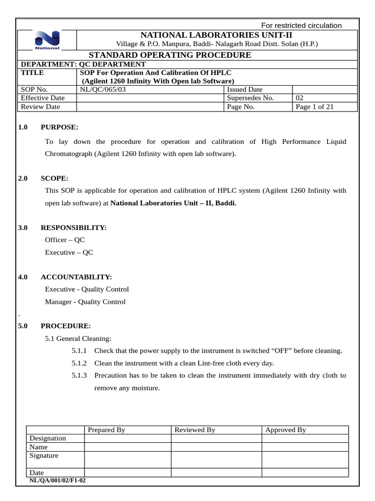 SOP For Operation and Calibration of HPLC | PDF | Icon (Computing ...