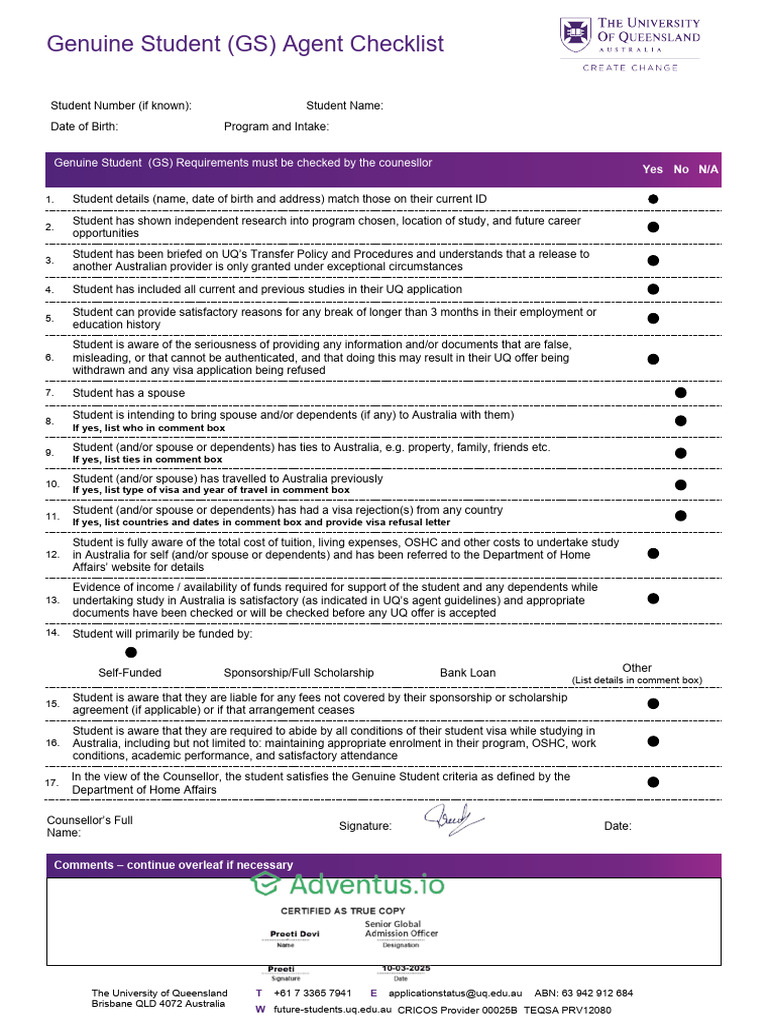 UQ Genuine Student Agent Checklist V1 1 240324 | PDF | Travel Visa