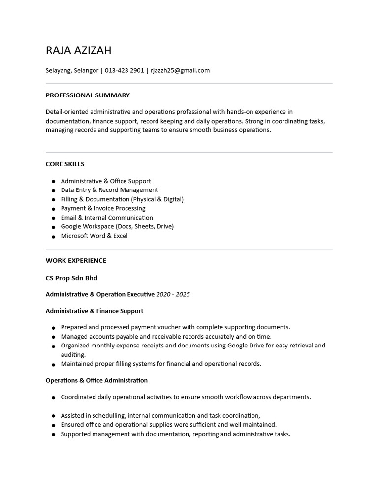 Raja Azizah Admin Operations Resume | PDF