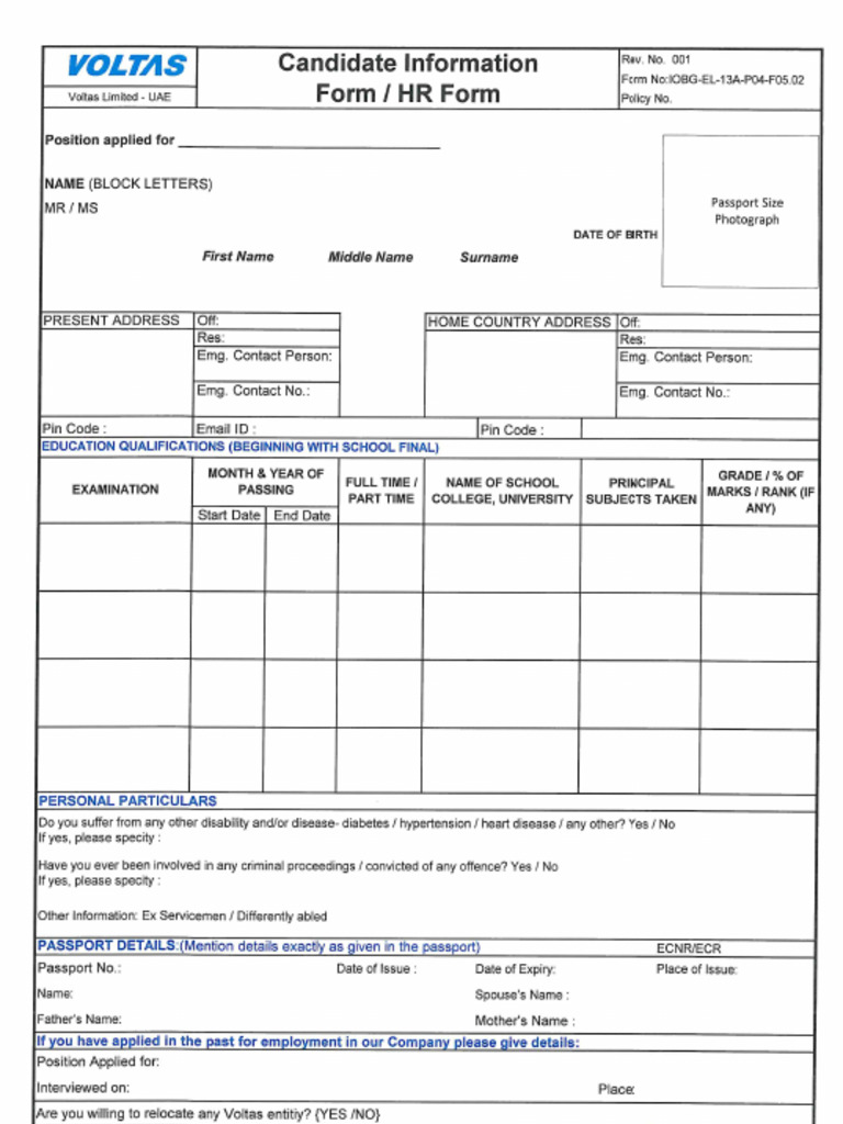 HR Form - Candidate Info | PDF