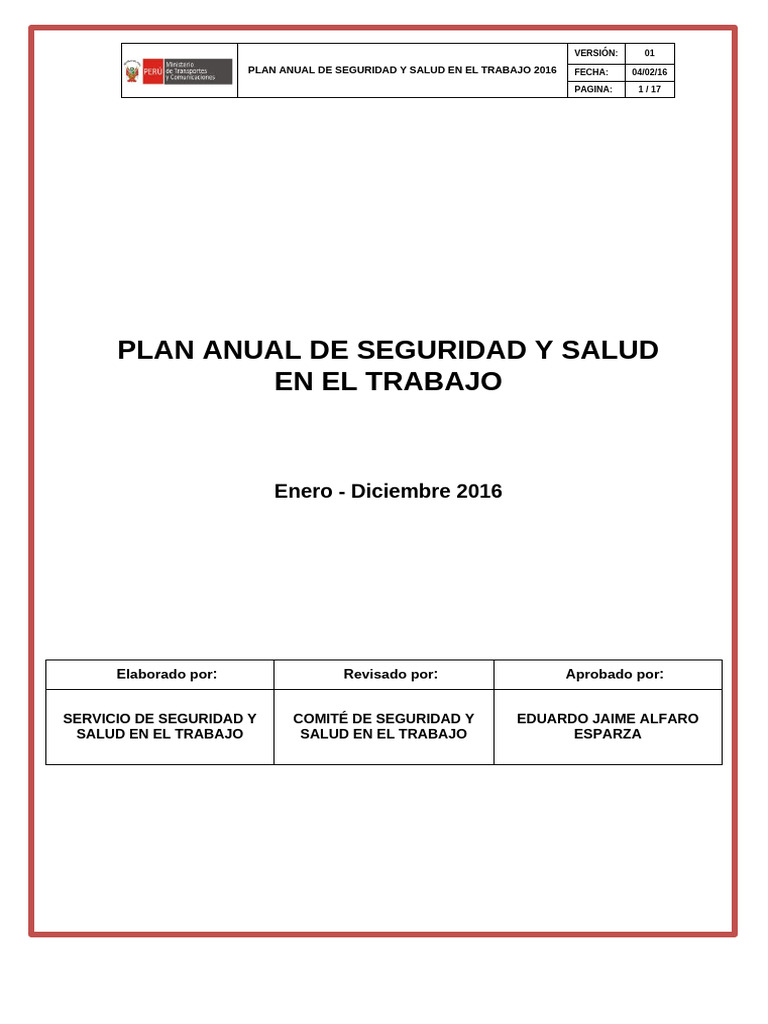 Plan Anual de Seguridad y Salud en El Trabajo - MTC | PDF | Seguridad y ...