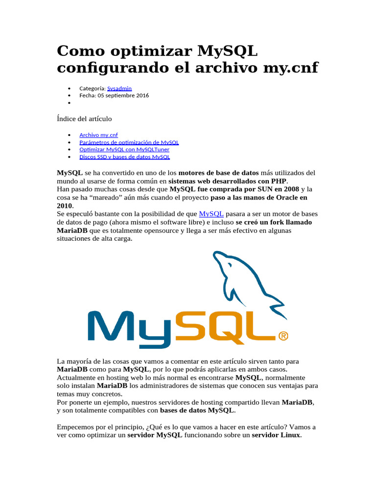 Como Optimizar MySQL Configurando El Archivo My | PDF | Mi sql | Caché ...