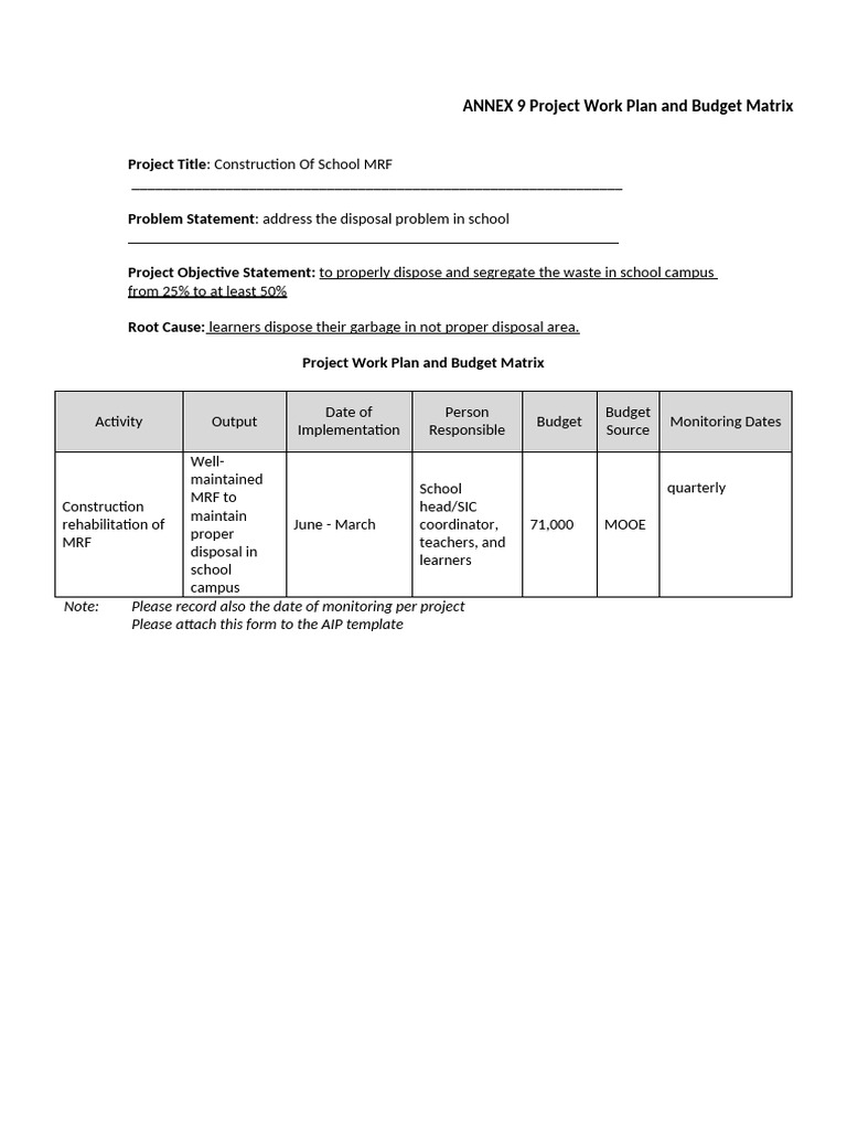 ANNEX 9 Project Work Plan and Budget Matrix - Docx 2 | PDF