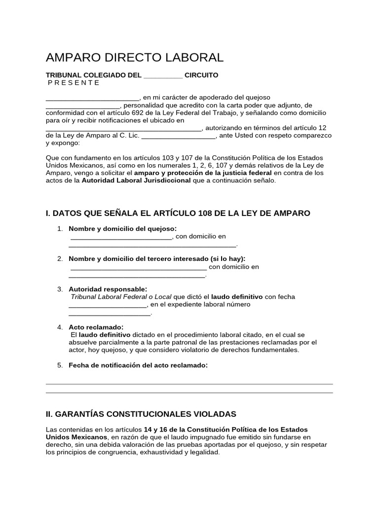 Amparo Directo Laboral | PDF | Derecho Constitucional | Caso de ley