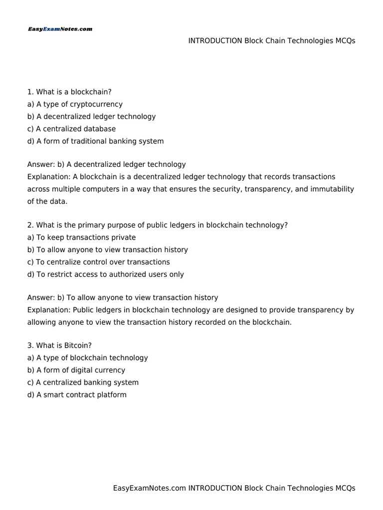 INTRODUCTION Block Chain Technologies MCQs | PDF | Cryptography ...
