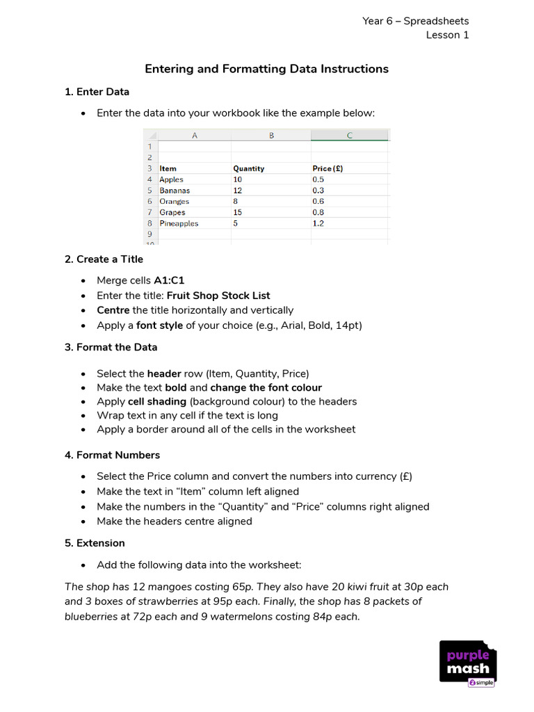 Lesson 1 - Entering and Formatting Data | PDF