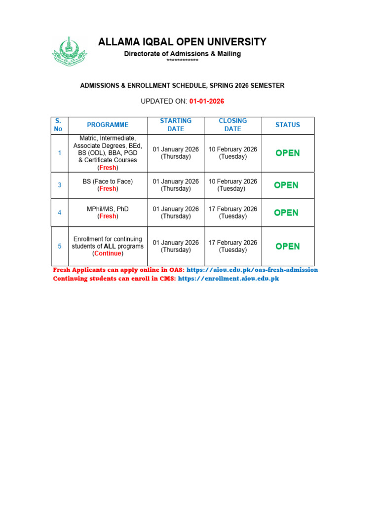 Adms-Enrol Schedule Spring 2026 | PDF