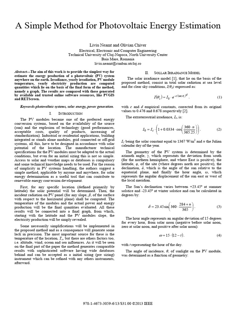 A Simple Method For Photovoltaic Energy Estimation | PDF | Photovoltaic ...