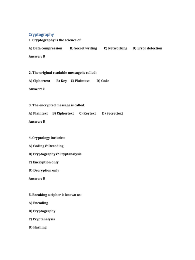 Cryptography MCQ Question Bank | PDF | Cryptography | Encryption