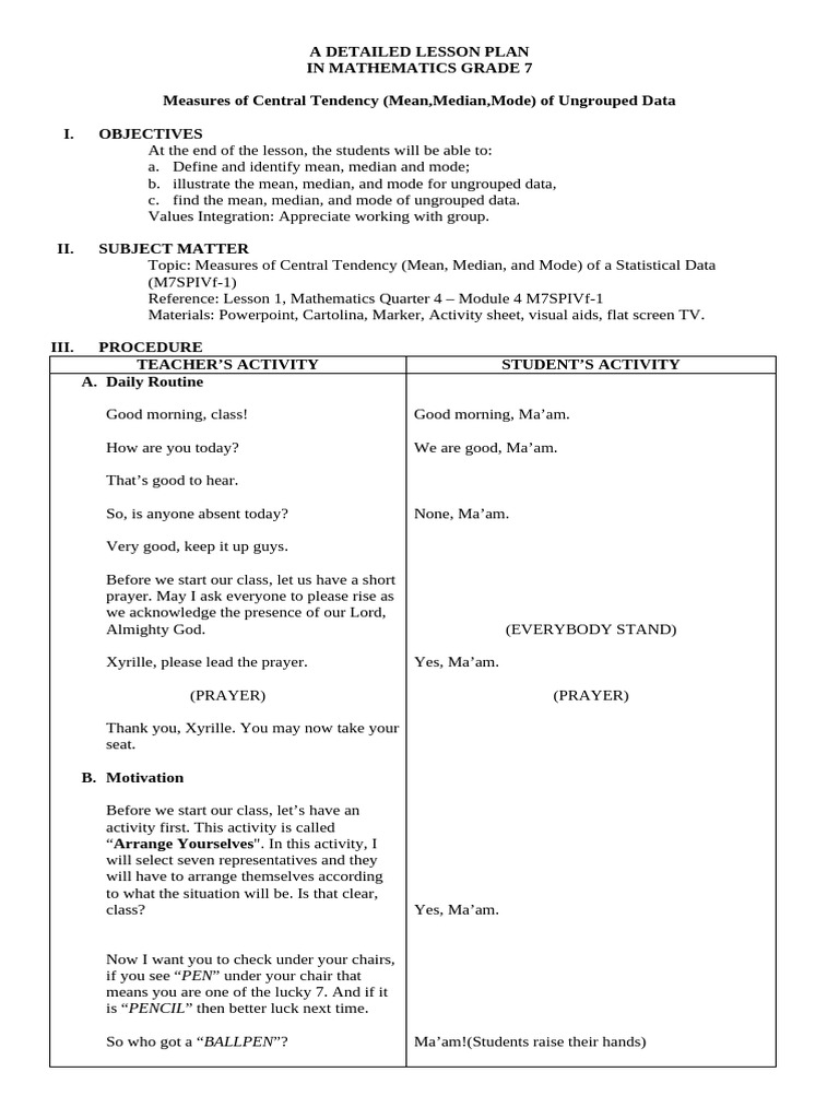 Linogon DETAILED LESSON PLAN in Measures of Central Tendency Grade 7 ...