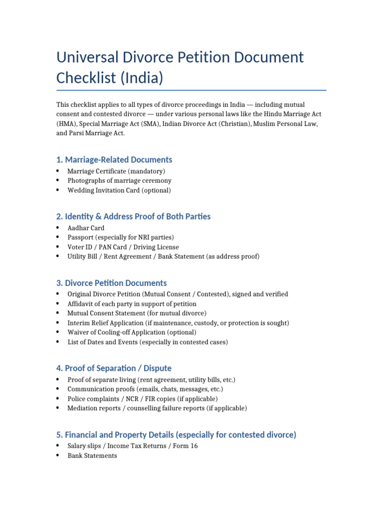 Universal Divorce Checklist India | PDF | Divorce | Notary Public
