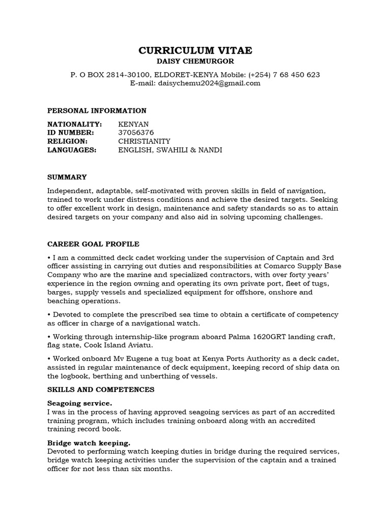 Daisy Chemurgor CV | PDF | Freight Transport | Water Transport