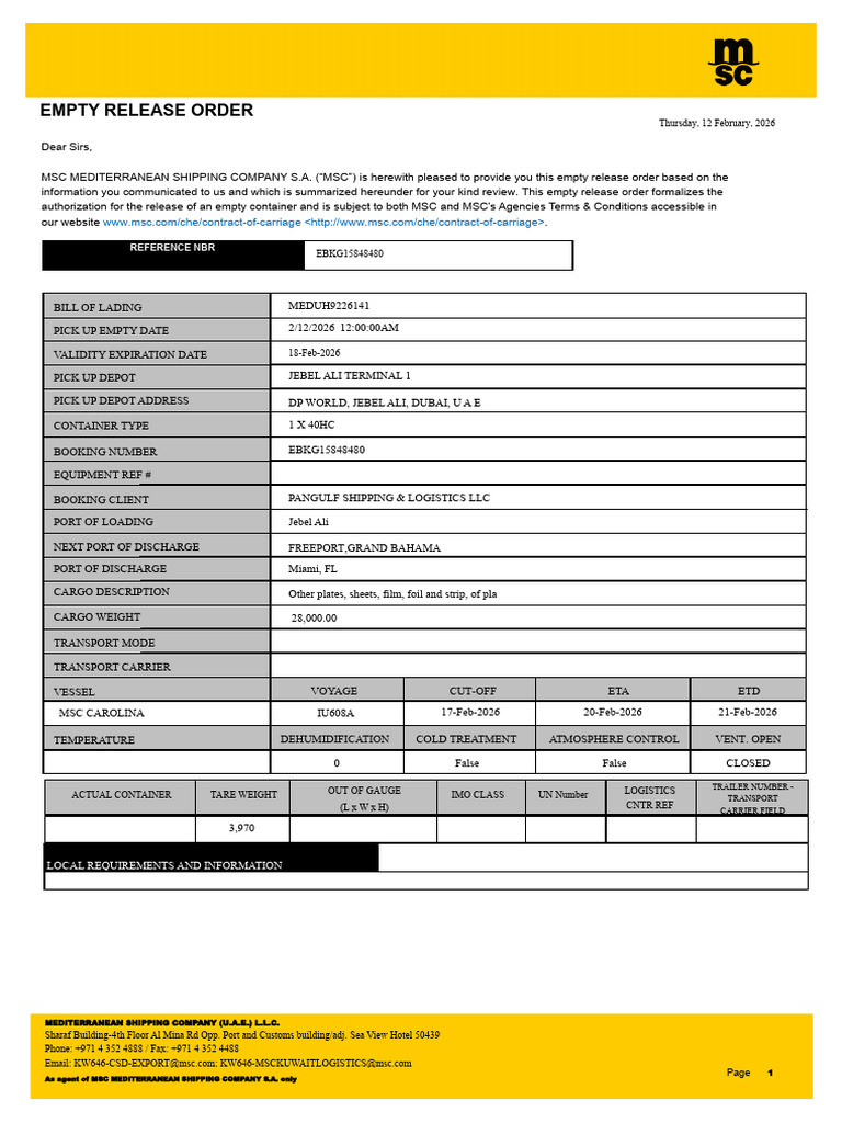 Logistics - Order - Template MSC | PDF | Cargo | Transport