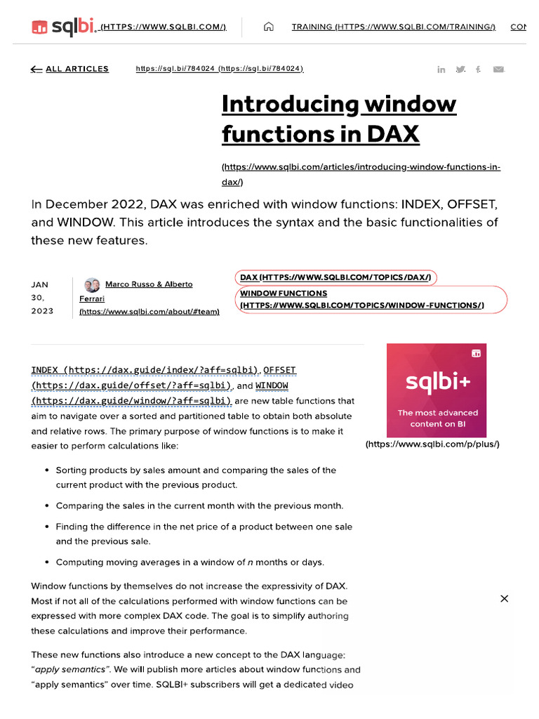 Introducing Window Functions in DAX - SQLBI | PDF