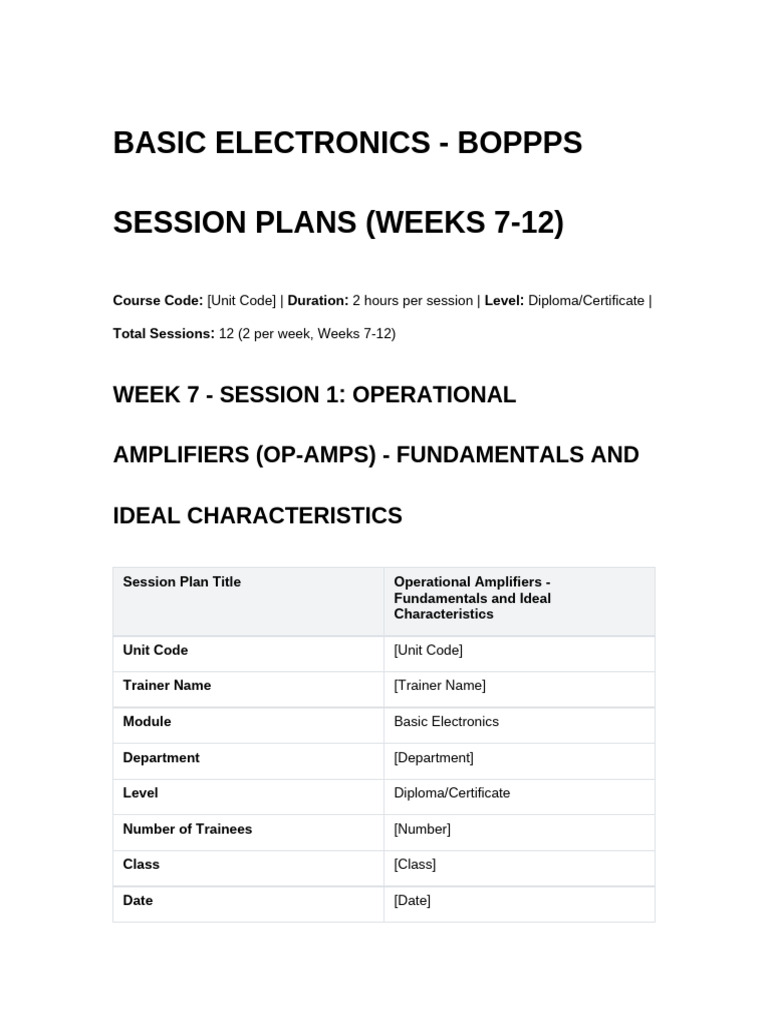 BASIC ELECTRONICS - BOPPPS SESSION PLANS (Weeks 7-12, 12 Sessions ...