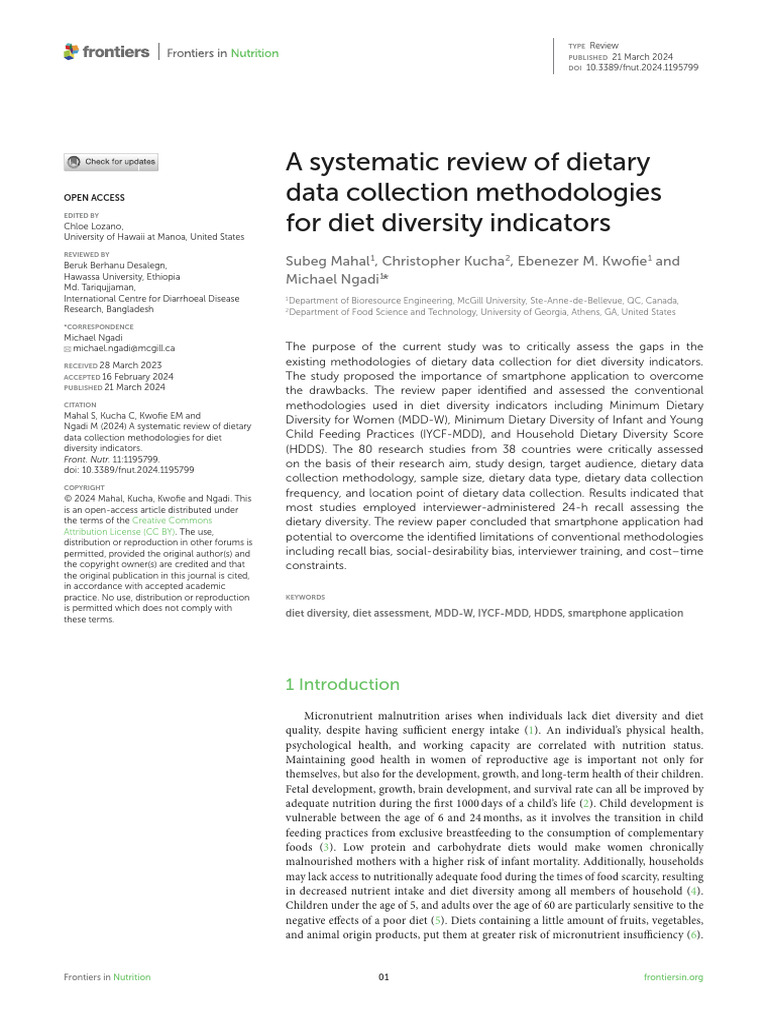 A Systematic Review of Dietary Data Collection Methodologies for Diet ...