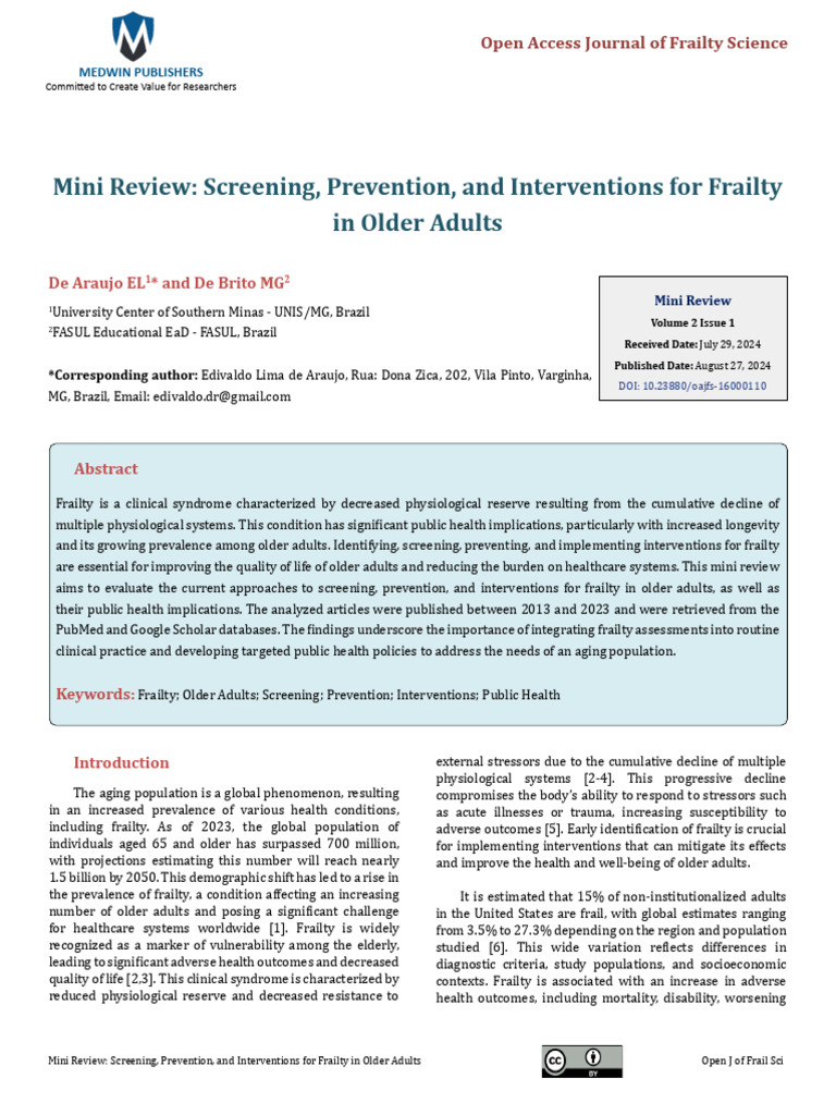 Mini Review Screening Prevention and Interventions For Frailty in Older ...