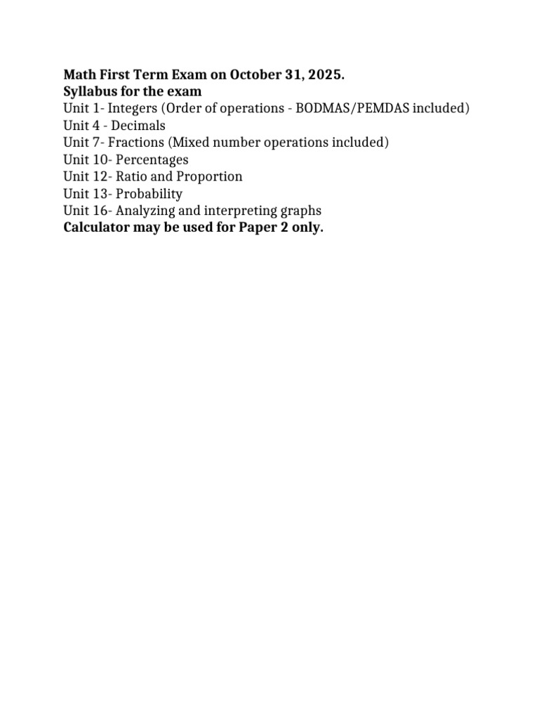 Math First Term Exam On October 31 | PDF