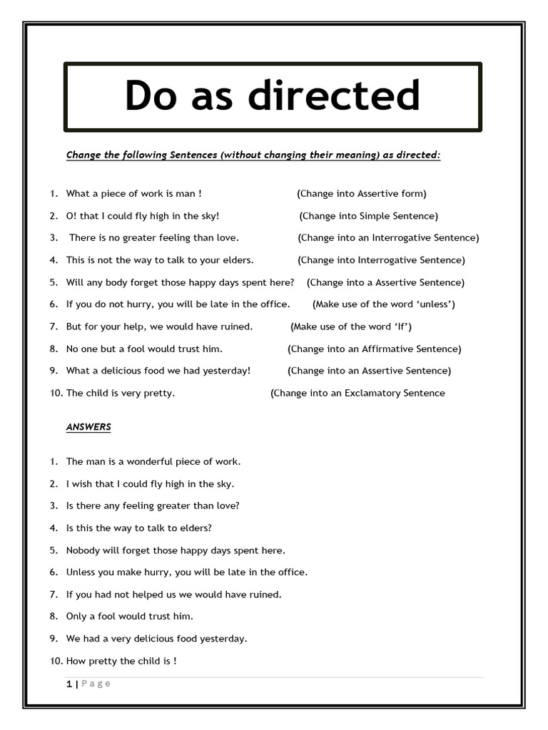 Change The Sentence Exercise | PDF | Adverb | Verb
