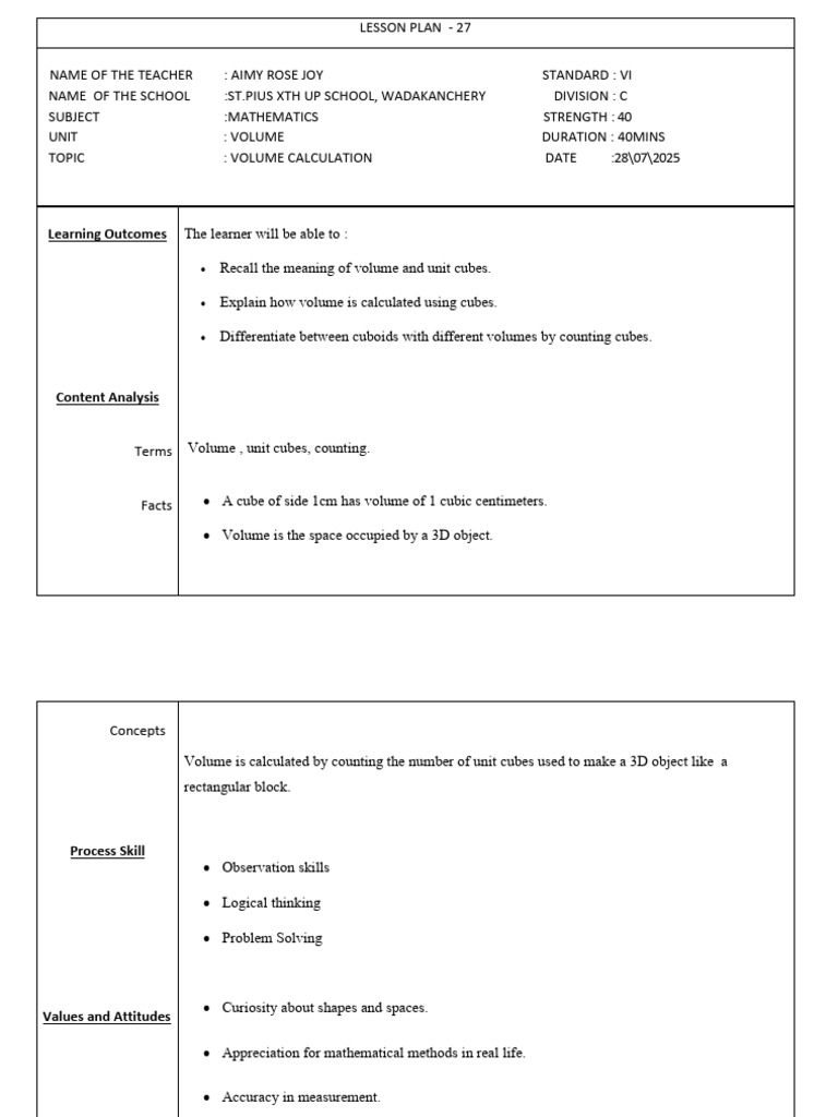 UP Lesson Plan Volume Calculation | PDF | Volume | Lesson Plan