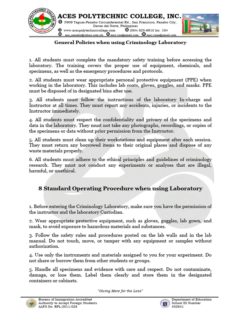 General Policies When Using Criminology Laboratory | PDF | Personal ...